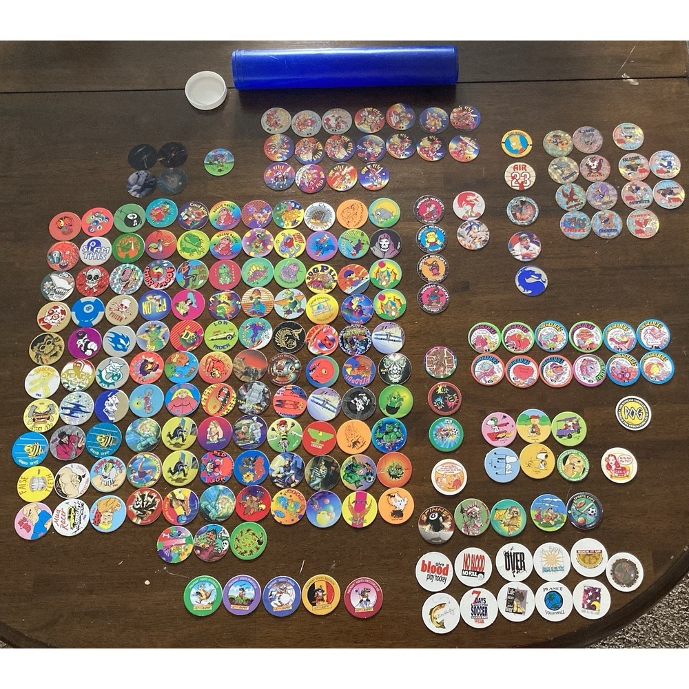 Vintage 90's POGS Huge Lot 200+ NFL, Star Wars, Simpsons, Sonic, and More w/tube
